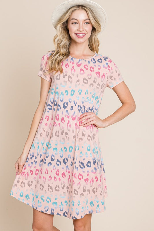 BOMBOM Leopard Round Neck Short Sleeve Dress - FabFemina