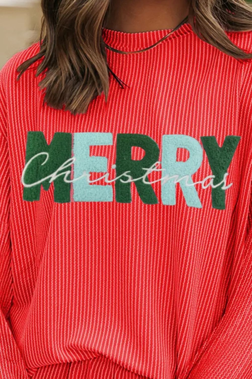 MERRY CHRISTMAS Round Neck Long Sleeve Top and Shorts Set - FabFemina