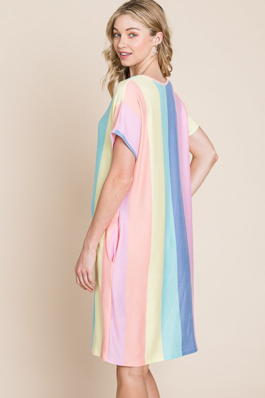 BOMBOM Striped Short Sleeve Dress with Pockets - FabFemina