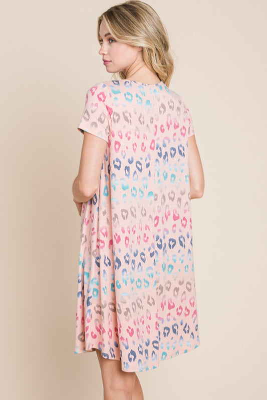 BOMBOM Leopard Round Neck Short Sleeve Dress - FabFemina