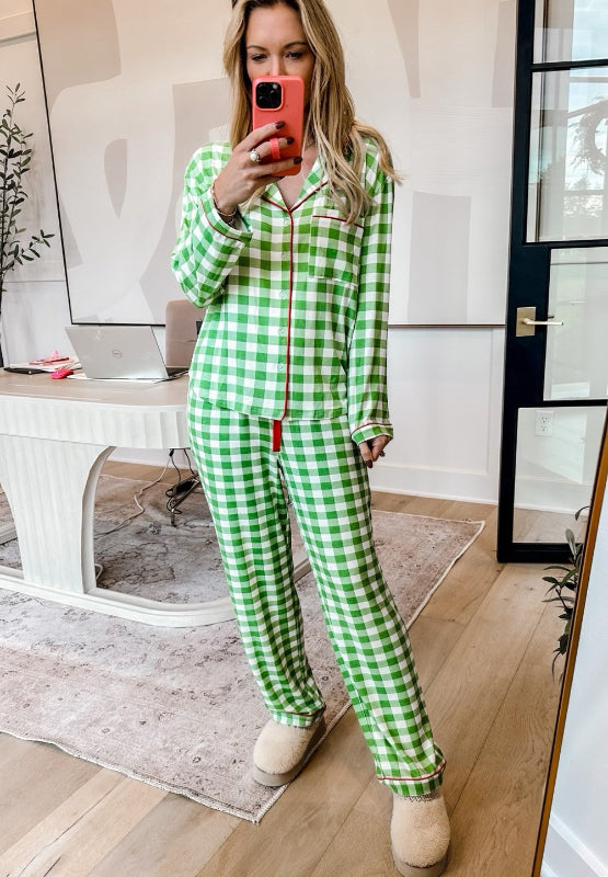 Plaid Collared Neck Long Sleeve Top and Pants Set Christmas - FabFemina