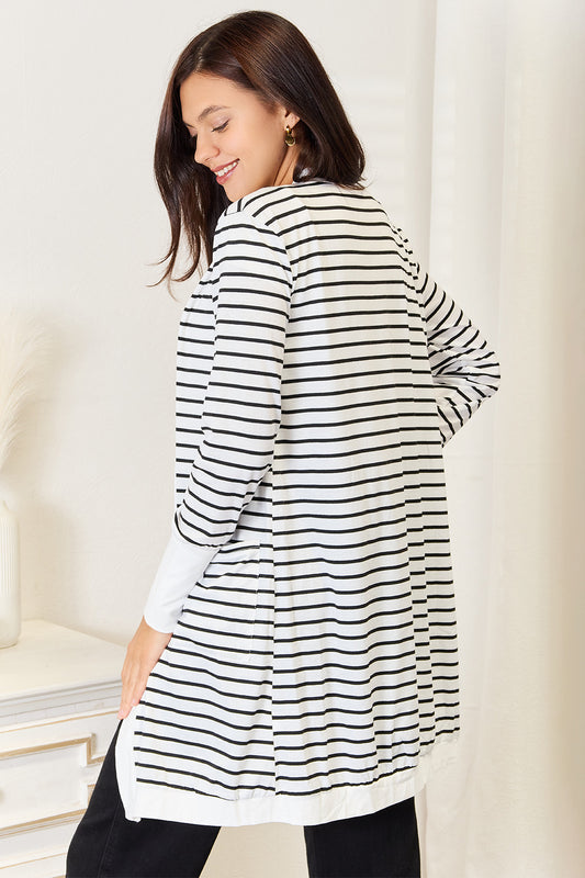 Double Take Striped Open Front Longline Cardigan - FabFemina