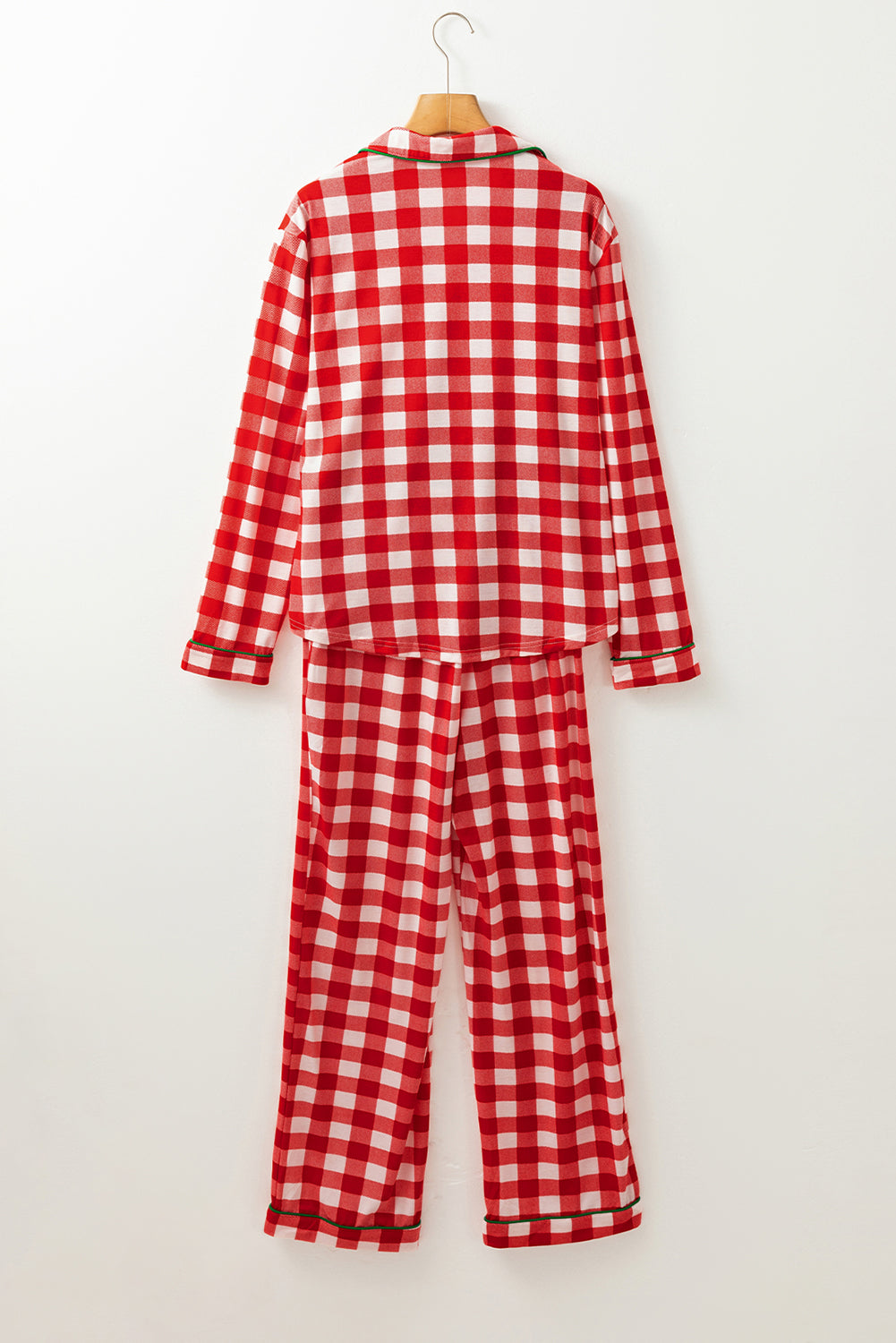 Plaid Collared Neck Long Sleeve Top and Pants Set Christmas - FabFemina