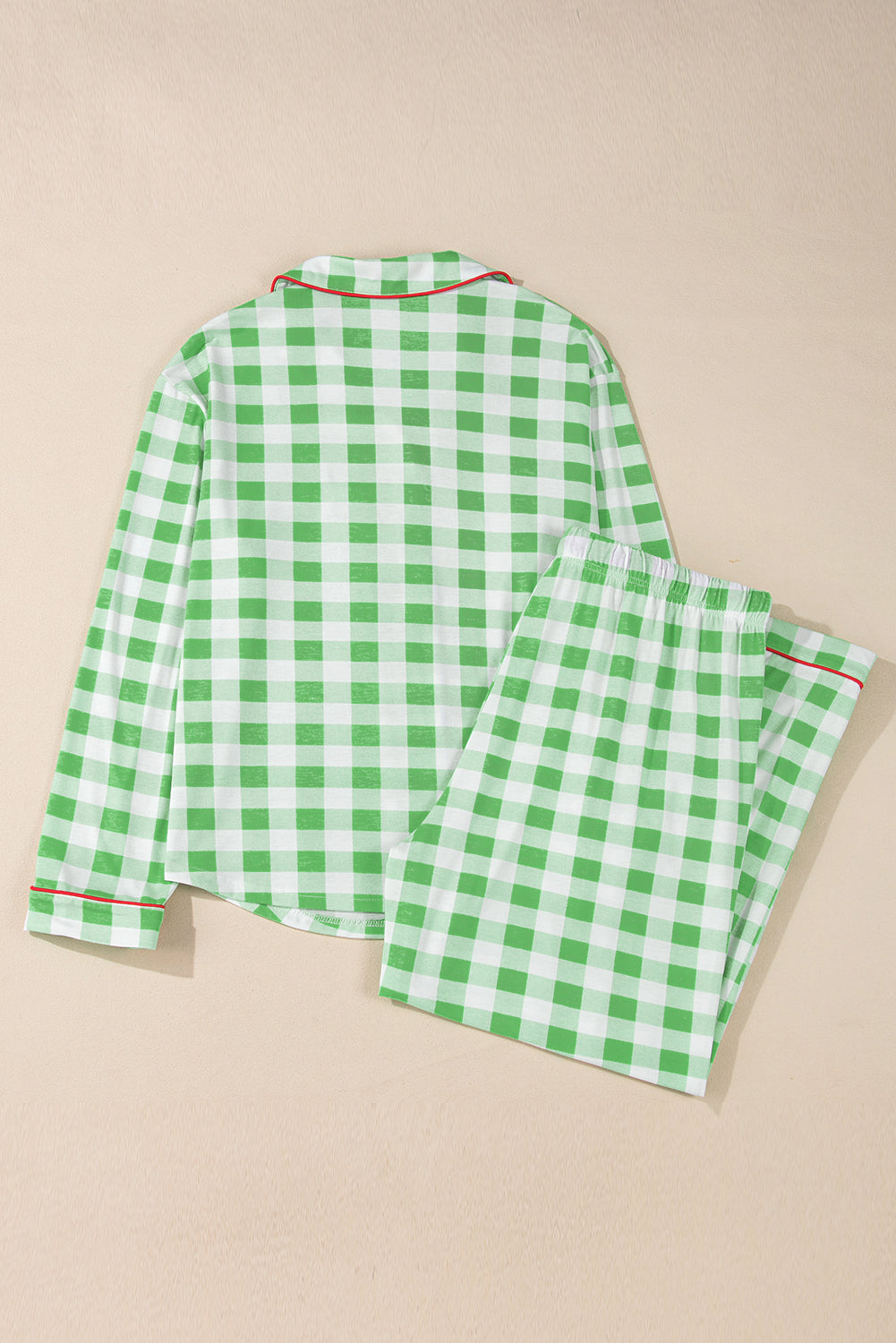 Plaid Collared Neck Long Sleeve Top and Pants Set Christmas - FabFemina