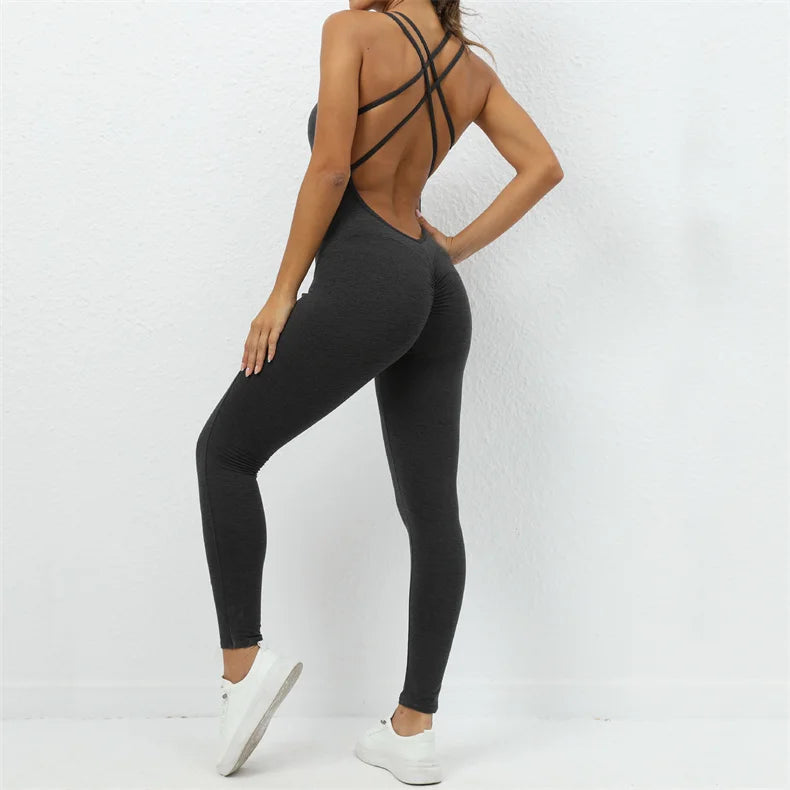 Women Yoga Backless Jumpsuit Fitness Catsuit Bodysuit Sportswear Scrunch Booty Leggings Workout Sexy One Piece Sets Gym Clothing - FabFemina