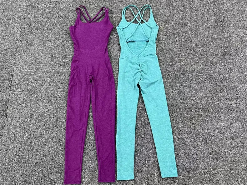 Women Yoga Backless Jumpsuit Fitness Catsuit Bodysuit Sportswear Scrunch Booty Leggings Workout Sexy One Piece Sets Gym Clothing - FabFemina