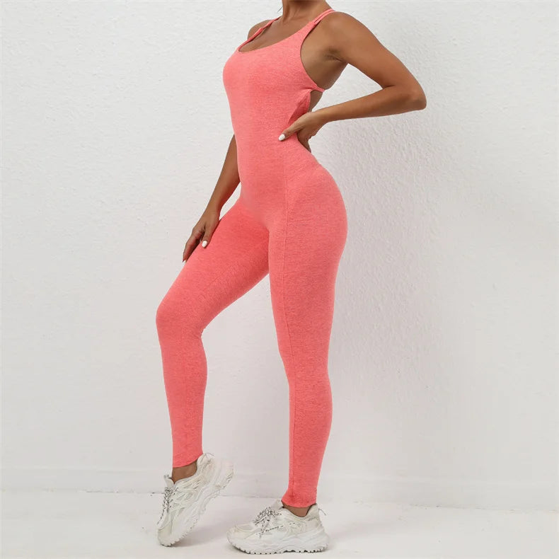 Women Yoga Backless Jumpsuit Fitness Catsuit Bodysuit Sportswear Scrunch Booty Leggings Workout Sexy One Piece Sets Gym Clothing - FabFemina