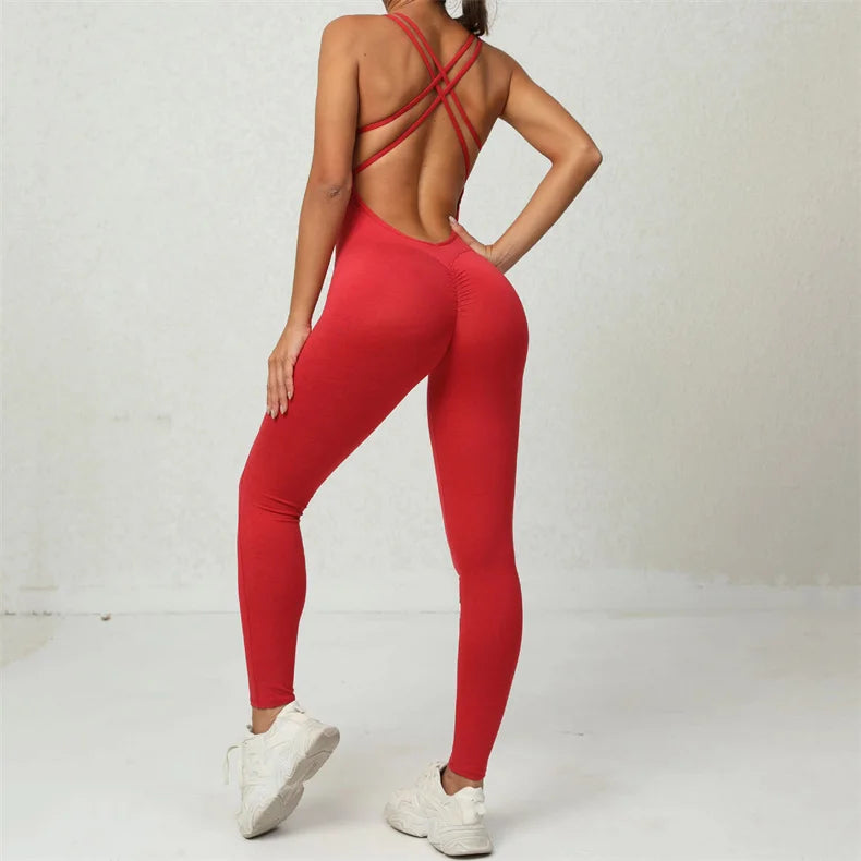 Women Yoga Backless Jumpsuit Fitness Catsuit Bodysuit Sportswear Scrunch Booty Leggings Workout Sexy One Piece Sets Gym Clothing - FabFemina