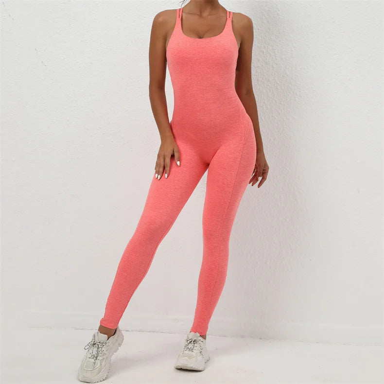 Women Yoga Backless Jumpsuit Fitness Catsuit Bodysuit Sportswear Scrunch Booty Leggings Workout Sexy One Piece Sets Gym Clothing - FabFemina