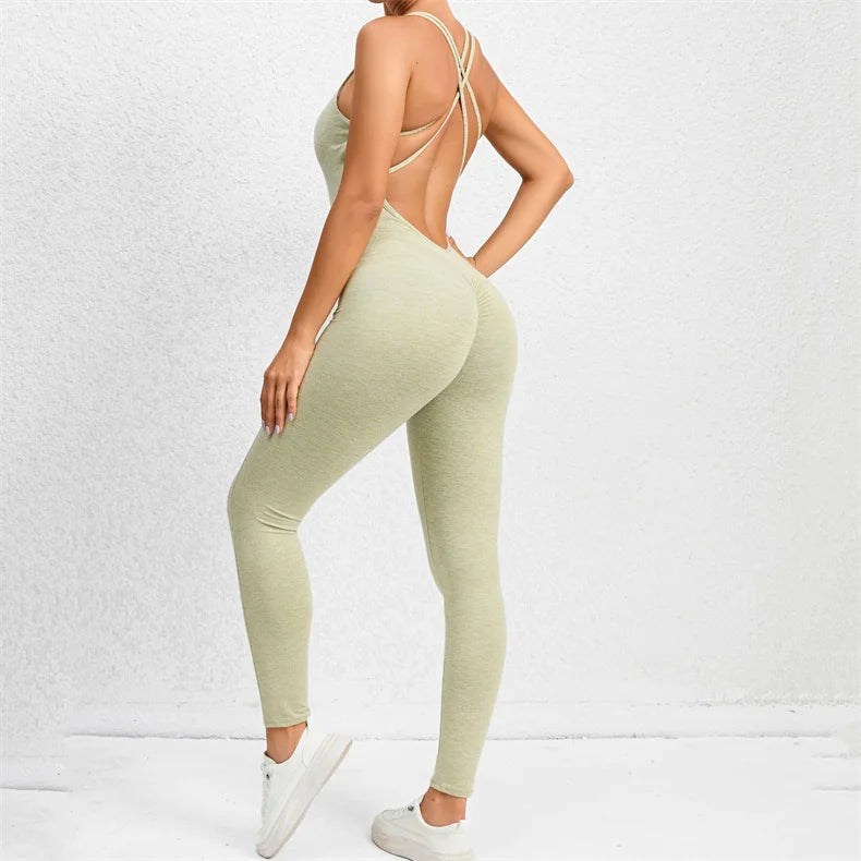 Women Yoga Backless Jumpsuit Fitness Catsuit Bodysuit Sportswear Scrunch Booty Leggings Workout Sexy One Piece Sets Gym Clothing - FabFemina