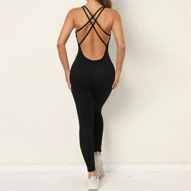 Women Yoga Backless Jumpsuit Fitness Catsuit Bodysuit Sportswear Scrunch Booty Leggings Workout Sexy One Piece Sets Gym Clothing - FabFemina