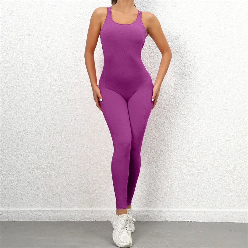 Women Yoga Backless Jumpsuit Fitness Catsuit Bodysuit Sportswear Scrunch Booty Leggings Workout Sexy One Piece Sets Gym Clothing - FabFemina