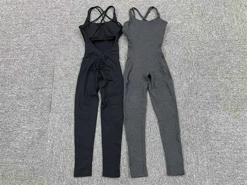 Women Yoga Backless Jumpsuit Fitness Catsuit Bodysuit Sportswear Scrunch Booty Leggings Workout Sexy One Piece Sets Gym Clothing - FabFemina