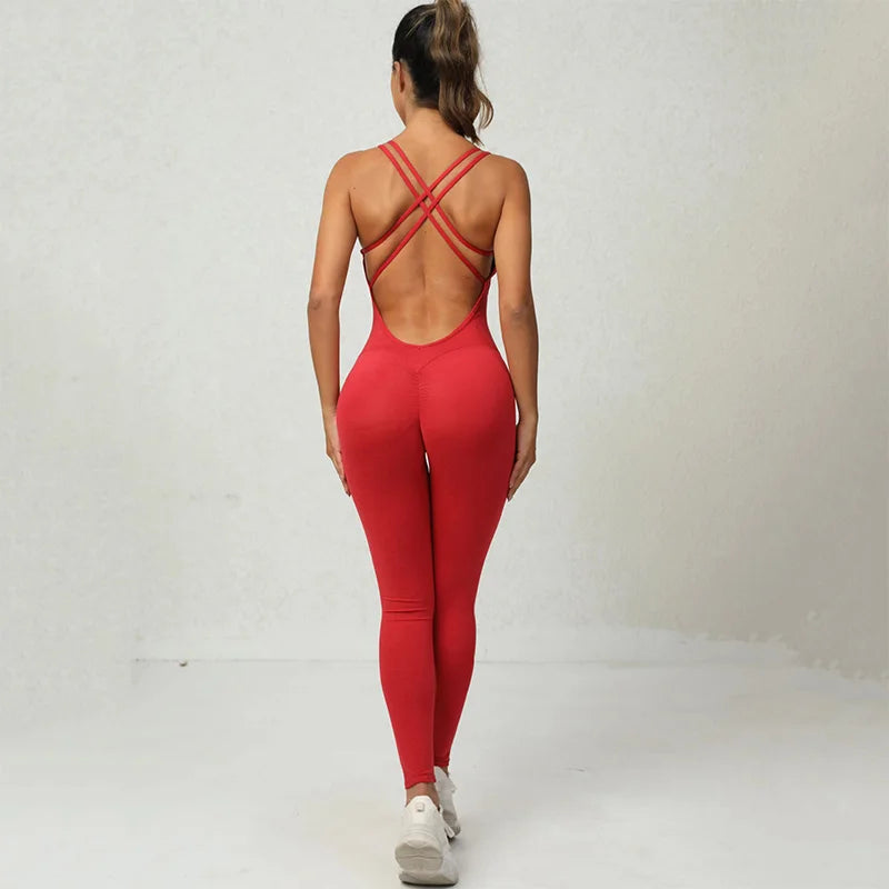 Women Yoga Backless Jumpsuit Fitness Catsuit Bodysuit Sportswear Scrunch Booty Leggings Workout Sexy One Piece Sets Gym Clothing - FabFemina