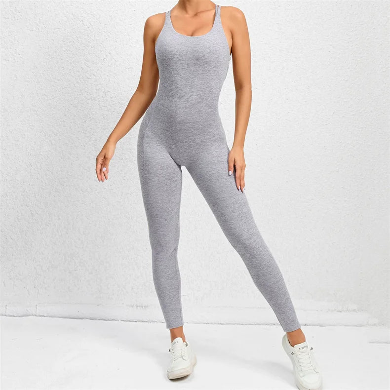 Women Yoga Backless Jumpsuit Fitness Catsuit Bodysuit Sportswear Scrunch Booty Leggings Workout Sexy One Piece Sets Gym Clothing - FabFemina