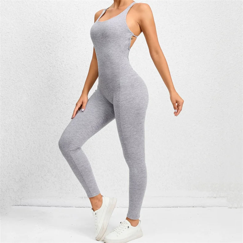 Women Yoga Backless Jumpsuit Fitness Catsuit Bodysuit Sportswear Scrunch Booty Leggings Workout Sexy One Piece Sets Gym Clothing - FabFemina