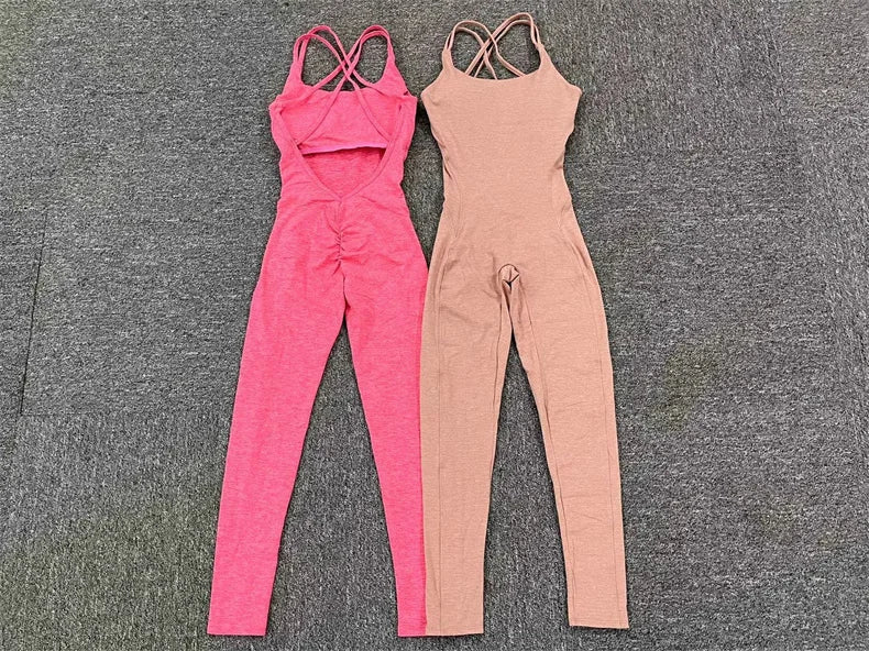 Women Yoga Backless Jumpsuit Fitness Catsuit Bodysuit Sportswear Scrunch Booty Leggings Workout Sexy One Piece Sets Gym Clothing - FabFemina