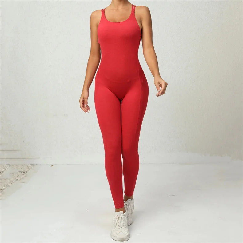 Women Yoga Backless Jumpsuit Fitness Catsuit Bodysuit Sportswear Scrunch Booty Leggings Workout Sexy One Piece Sets Gym Clothing - FabFemina