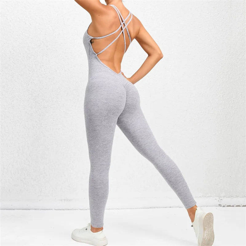 Women Yoga Backless Jumpsuit Fitness Catsuit Bodysuit Sportswear Scrunch Booty Leggings Workout Sexy One Piece Sets Gym Clothing - FabFemina