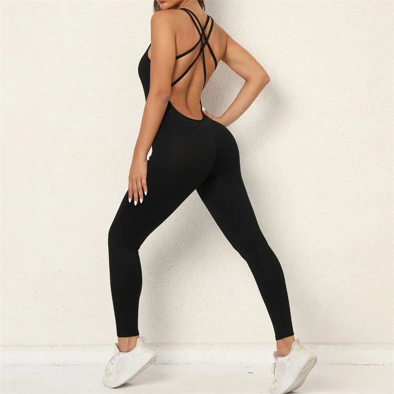 Women Yoga Backless Jumpsuit Fitness Catsuit Bodysuit Sportswear Scrunch Booty Leggings Workout Sexy One Piece Sets Gym Clothing - FabFemina