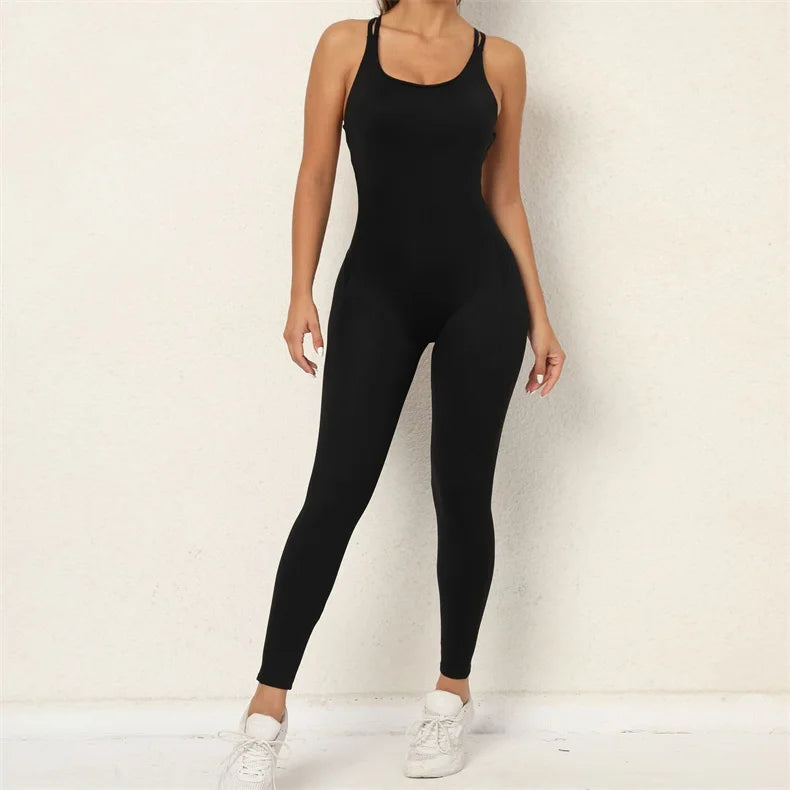 Women Yoga Backless Jumpsuit Fitness Catsuit Bodysuit Sportswear Scrunch Booty Leggings Workout Sexy One Piece Sets Gym Clothing - FabFemina