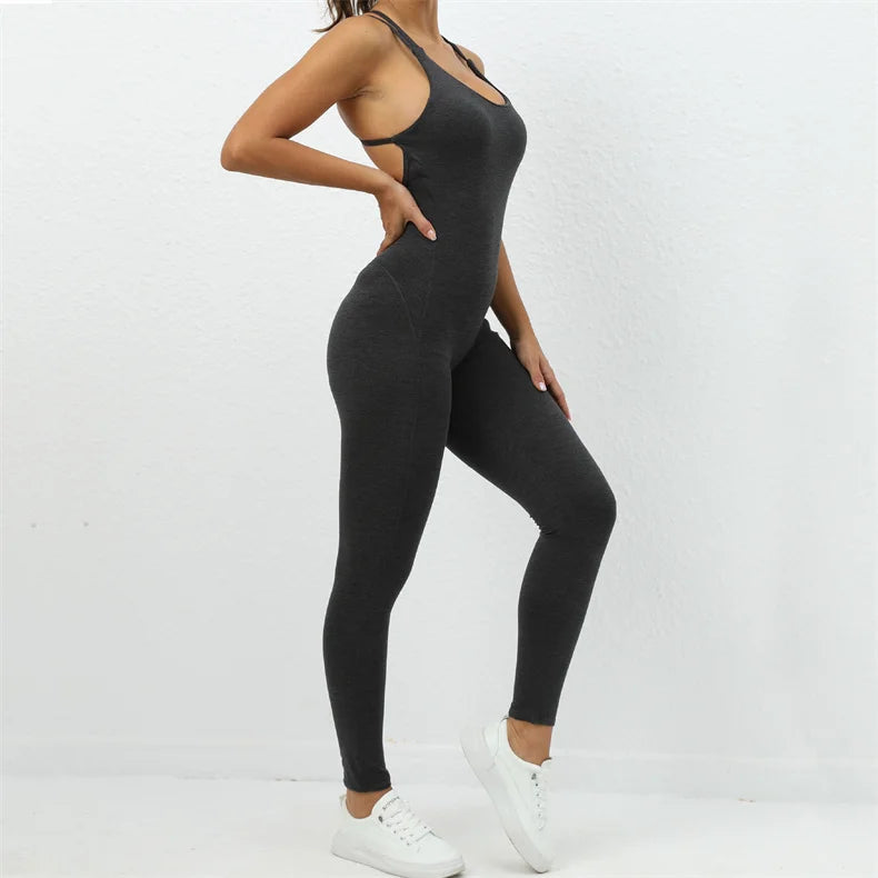 Women Yoga Backless Jumpsuit Fitness Catsuit Bodysuit Sportswear Scrunch Booty Leggings Workout Sexy One Piece Sets Gym Clothing - FabFemina