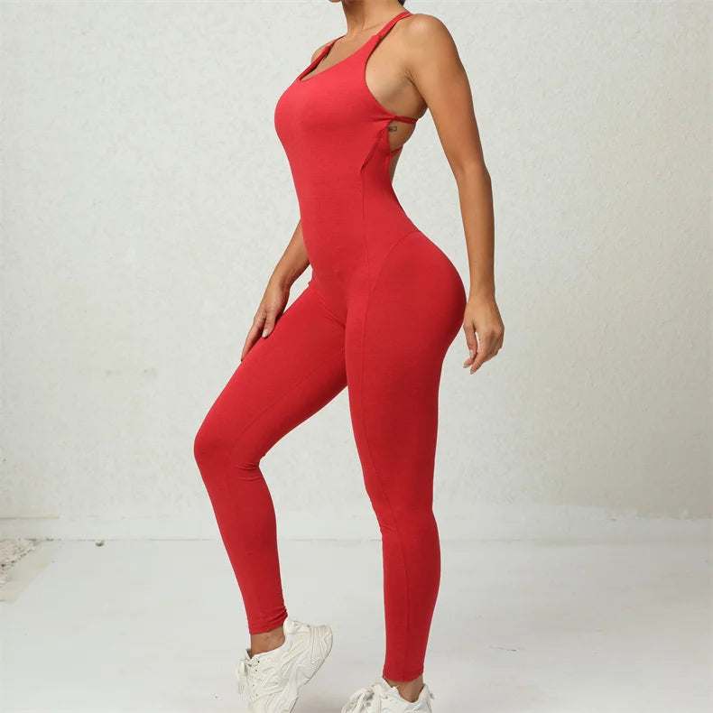 Women Yoga Backless Jumpsuit Fitness Catsuit Bodysuit Sportswear Scrunch Booty Leggings Workout Sexy One Piece Sets Gym Clothing - FabFemina