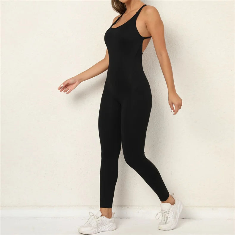 Women Yoga Backless Jumpsuit Fitness Catsuit Bodysuit Sportswear Scrunch Booty Leggings Workout Sexy One Piece Sets Gym Clothing - FabFemina