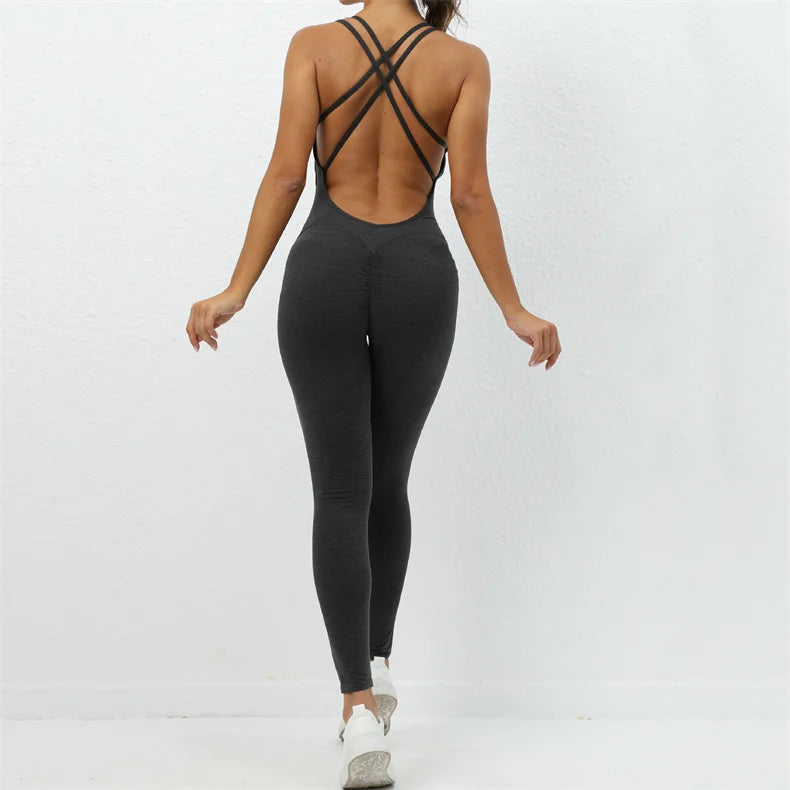 Women Yoga Backless Jumpsuit Fitness Catsuit Bodysuit Sportswear Scrunch Booty Leggings Workout Sexy One Piece Sets Gym Clothing - FabFemina