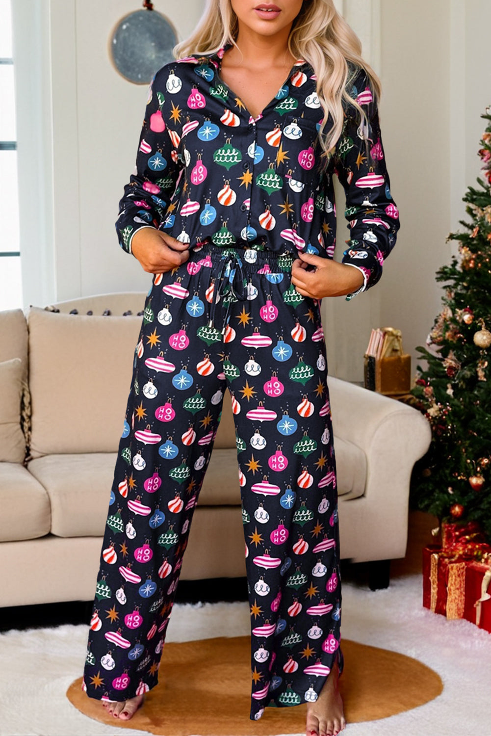 Christmas Lights Print Collared Neck Top and Pants Set - FabFemina