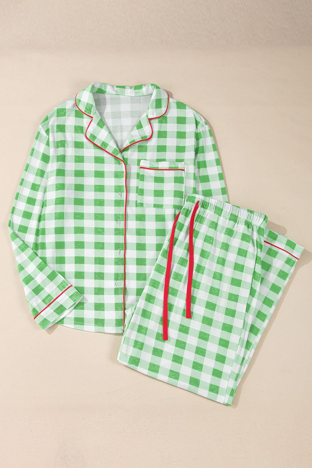 Plaid Collared Neck Long Sleeve Top and Pants Set Christmas - FabFemina