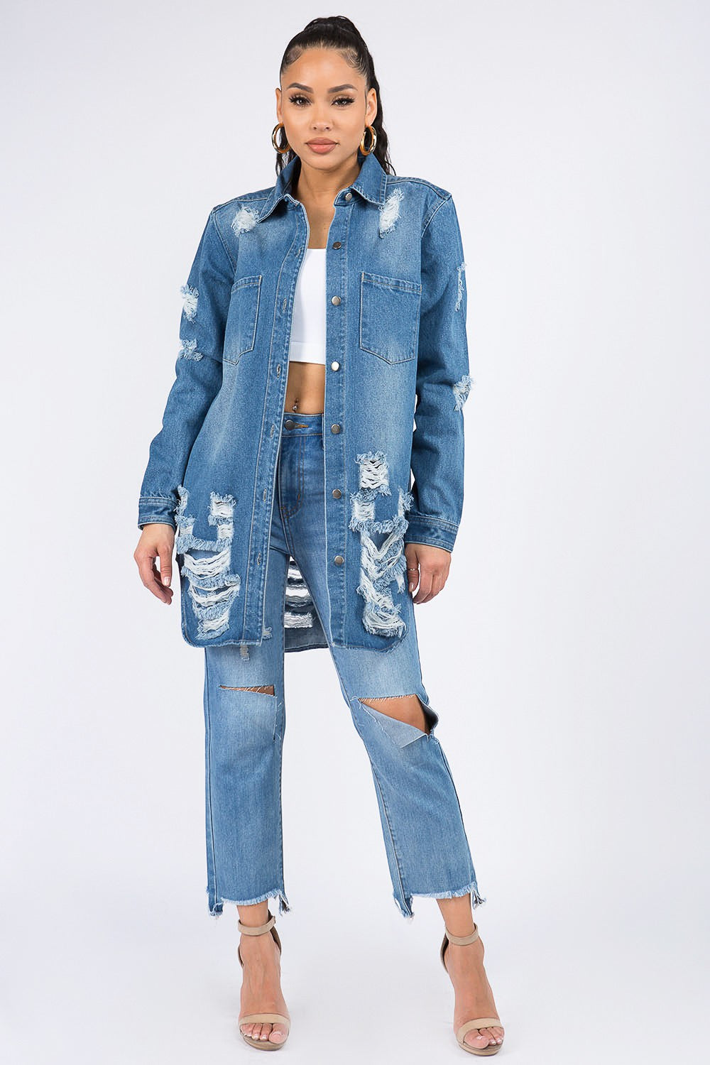 American Bazi Distressed Button Down Denim Shirt Jacket - FabFemina