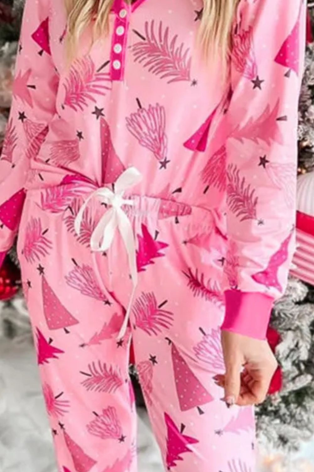 Printed V-Neck Long Sleeve Top and Pants Lounge Set Christmas - FabFemina