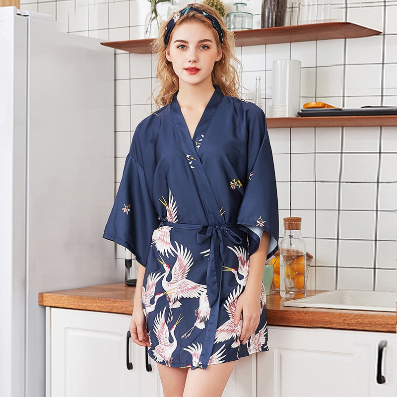 Summer Mini Kimono Sleepwear Silk Nightdress and Robe - FabFemina