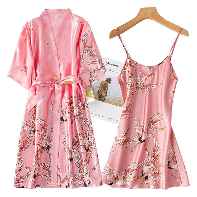 Summer Mini Kimono Sleepwear Silk Nightdress and Robe - FabFemina