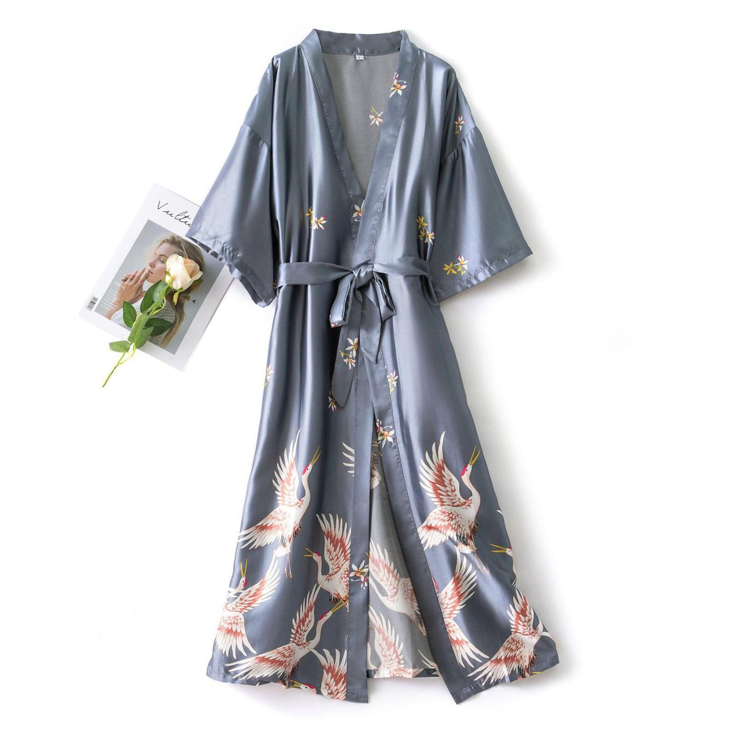 Summer Mini Kimono Sleepwear Silk Nightdress and Robe - FabFemina