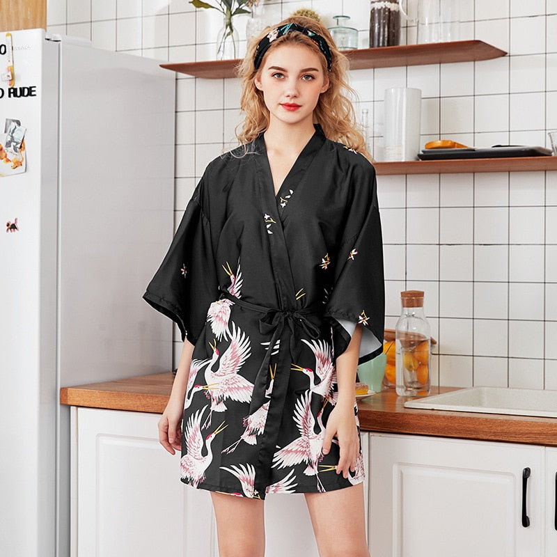 Summer Mini Kimono Sleepwear Silk Nightdress and Robe - FabFemina