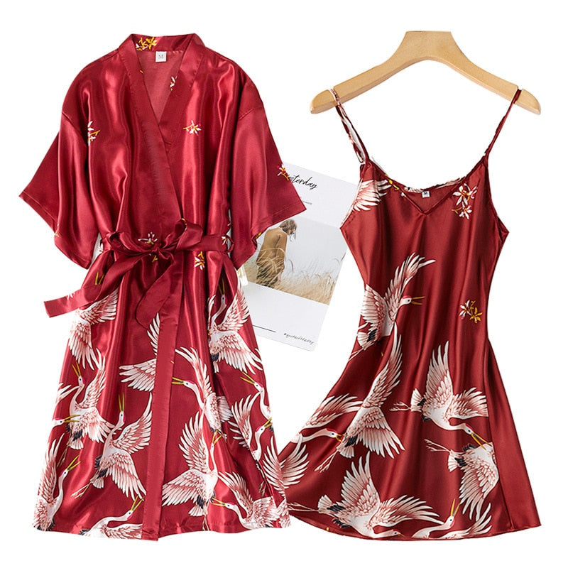 Summer Mini Kimono Sleepwear Silk Nightdress and Robe - FabFemina