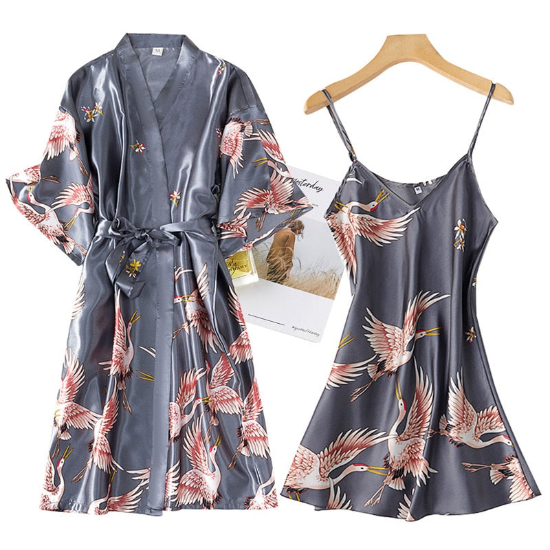 Summer Mini Kimono Sleepwear Silk Nightdress and Robe - FabFemina