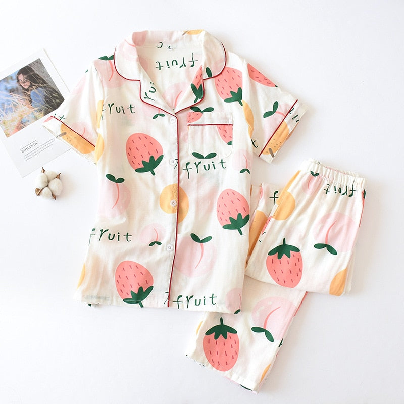 Cute simple 100% cotton gauze short pajamas set - FabFemina