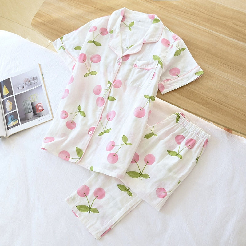 Cute simple 100% cotton gauze short pajamas set - FabFemina