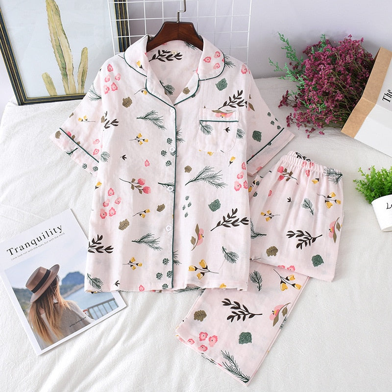 Cute simple 100% cotton gauze short pajamas set - FabFemina