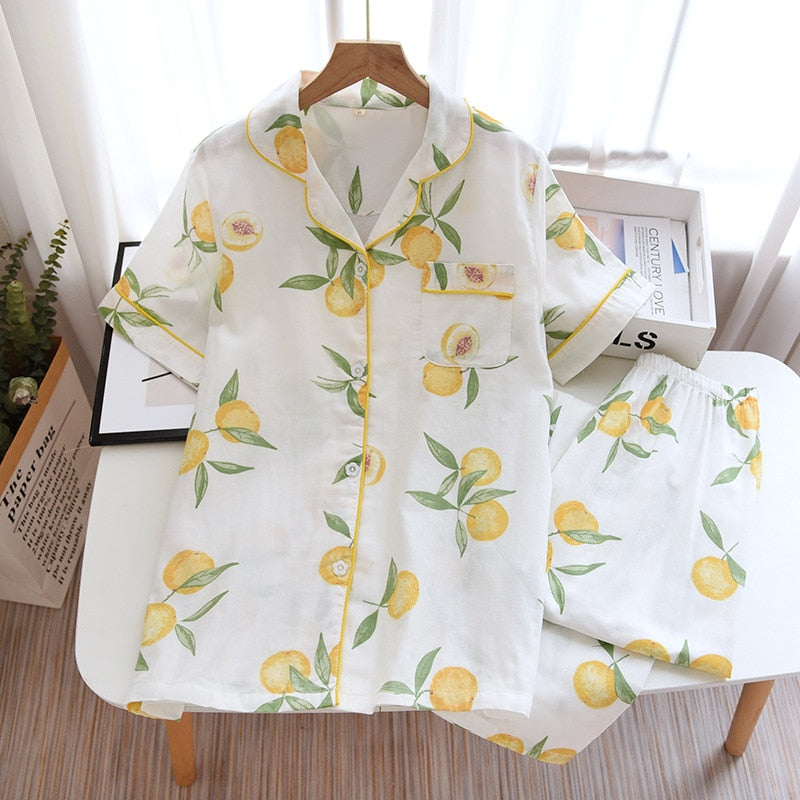 Cute simple 100% cotton gauze short pajamas set - FabFemina