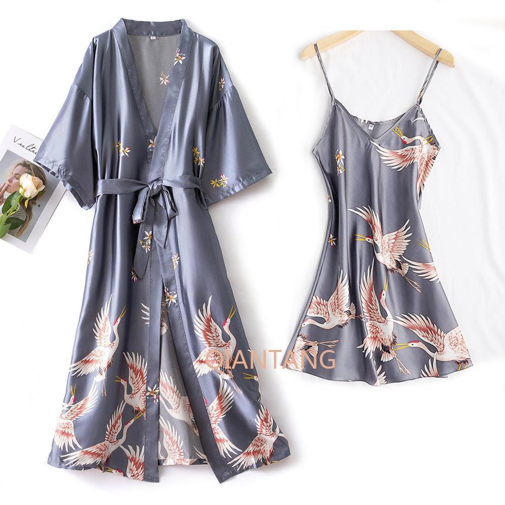 Summer Mini Kimono Sleepwear Silk Nightdress and Robe - FabFemina