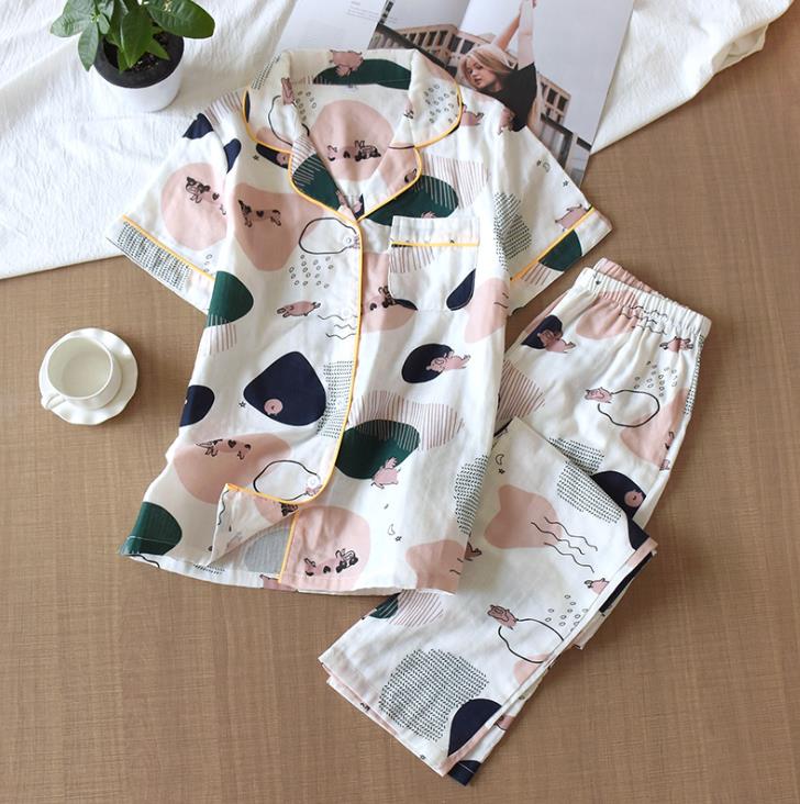 Cute simple 100% cotton gauze short pajamas set - FabFemina