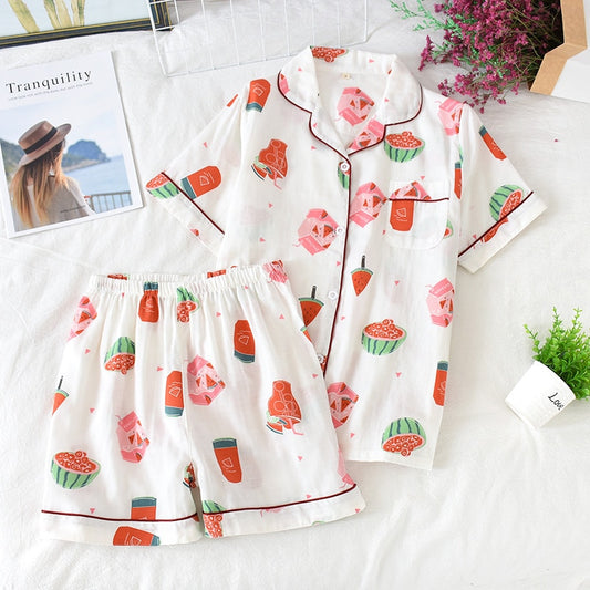 Cute cartoon print cotton short pajamas set - FabFemina