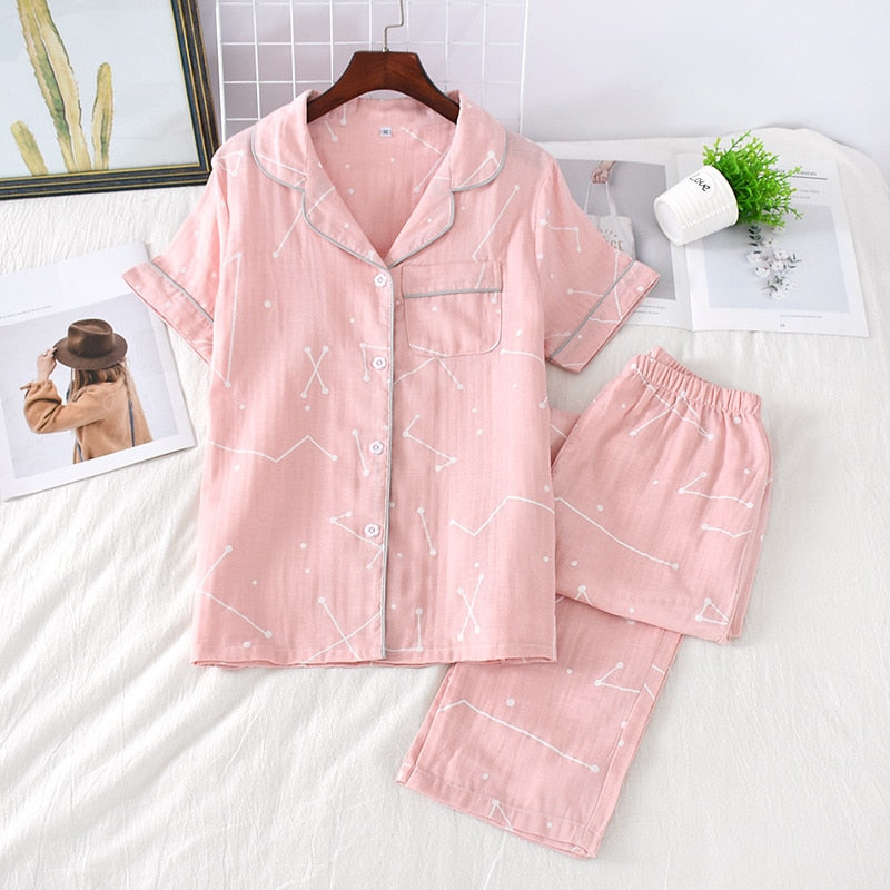 Cute simple 100% cotton gauze short pajamas set - FabFemina