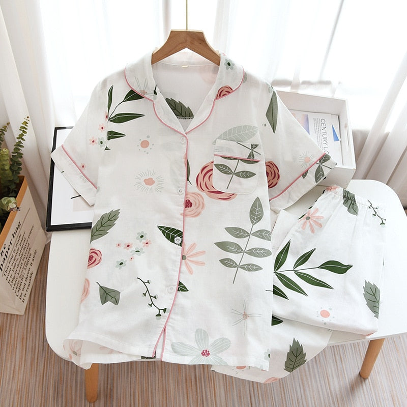 Cute simple 100% cotton gauze short pajamas set - FabFemina