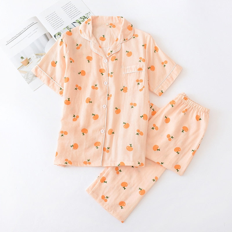 Cute simple 100% cotton gauze short pajamas set - FabFemina