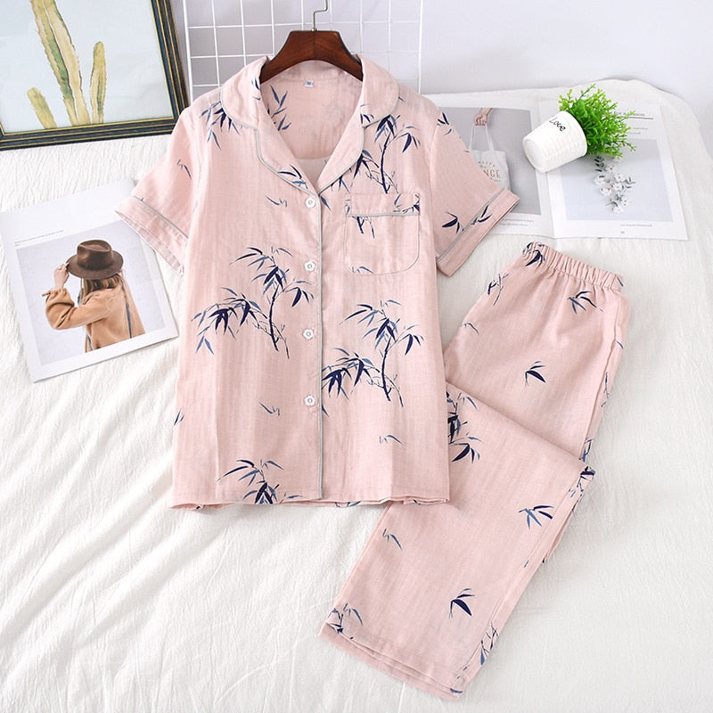 Cute simple 100% cotton gauze short pajamas set - FabFemina